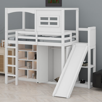 Lit mezzanine avec garde-robe, tablettes de rangement