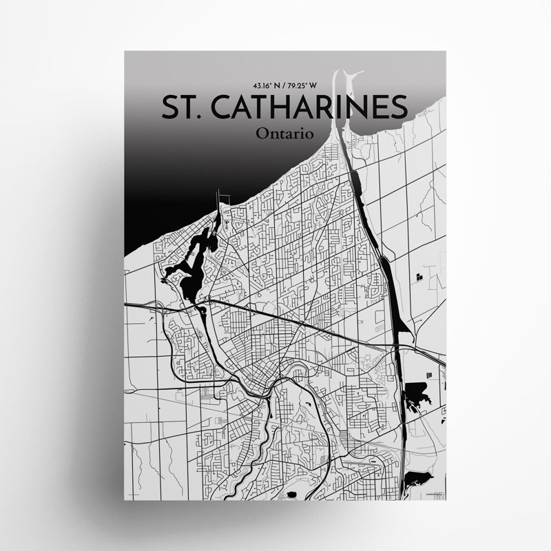 St. Catharines City Map, impression, Noir / blanc, H 27,6 po x l 19,7 po