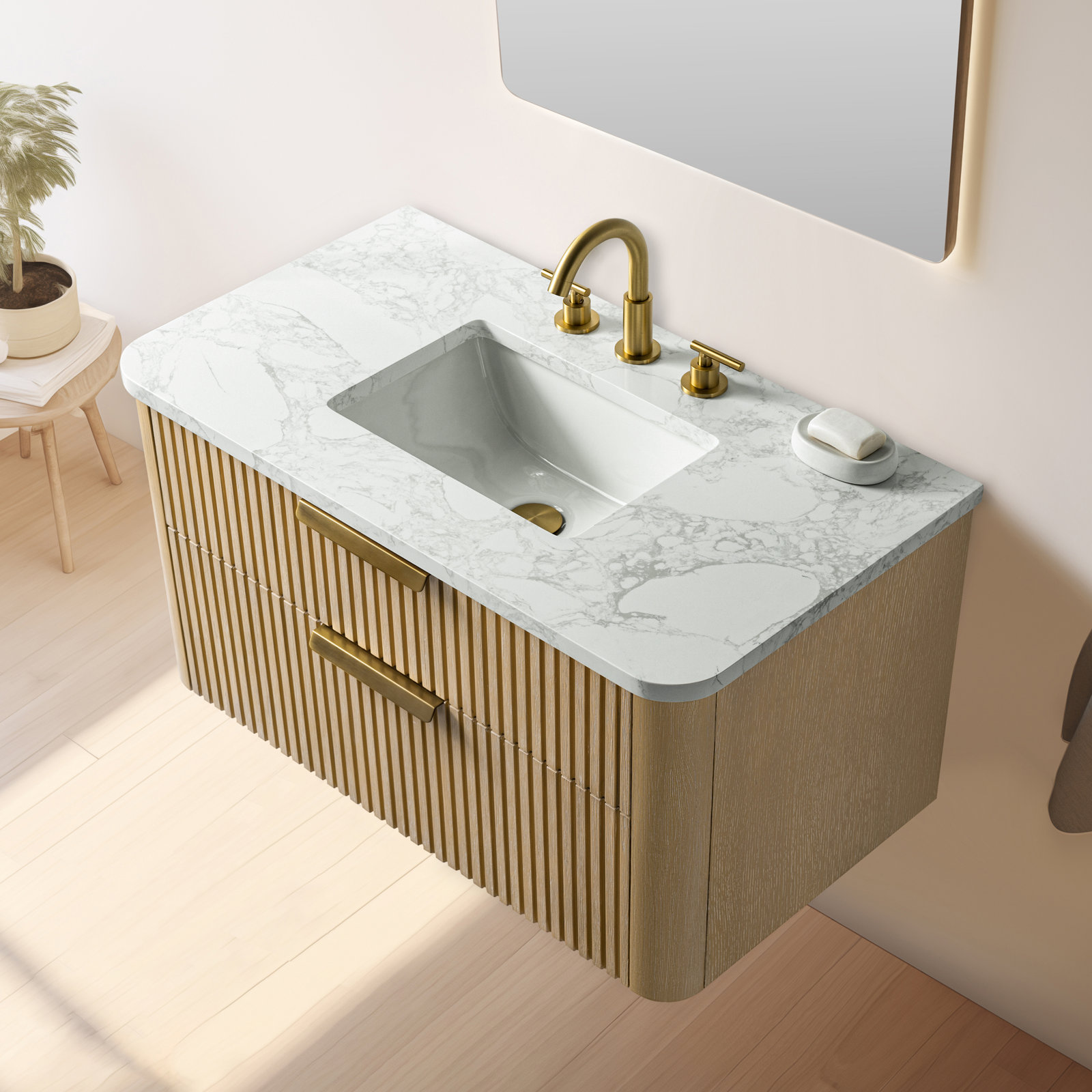 Liljan 36'' Wall-Mounted Single Bathroom Vanity, Classic Oak/Brushed Bronze