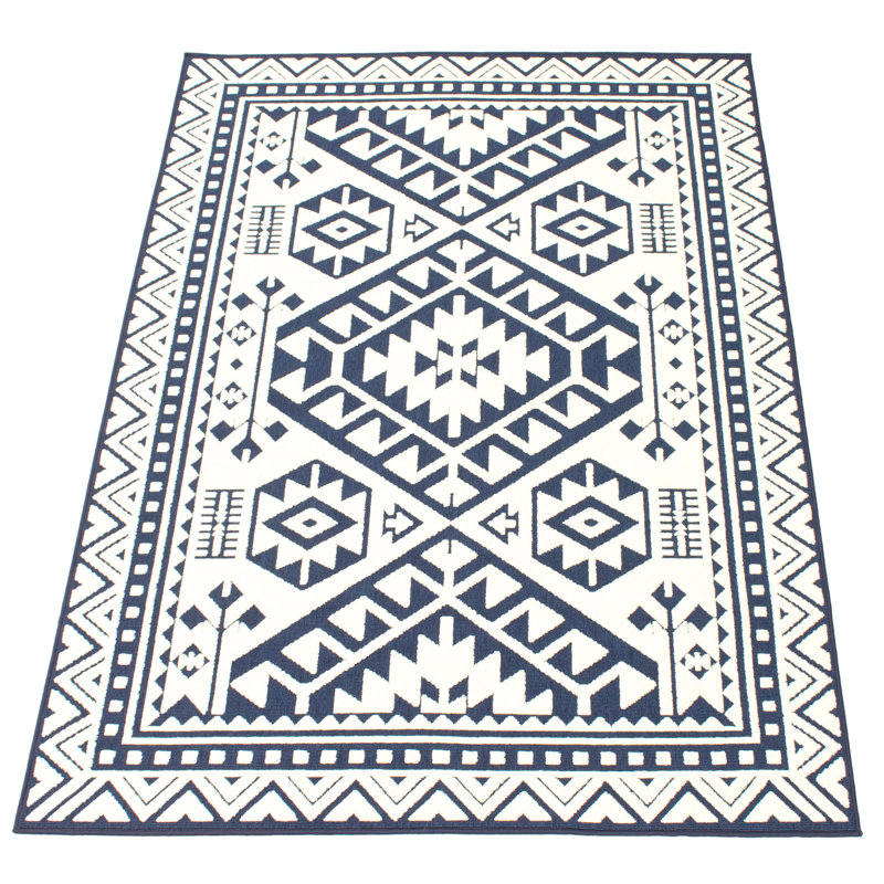Tapis géométrique bleu / ivoire Kerber, Rectangle 4 pi 7 po x 6 pi 7 po