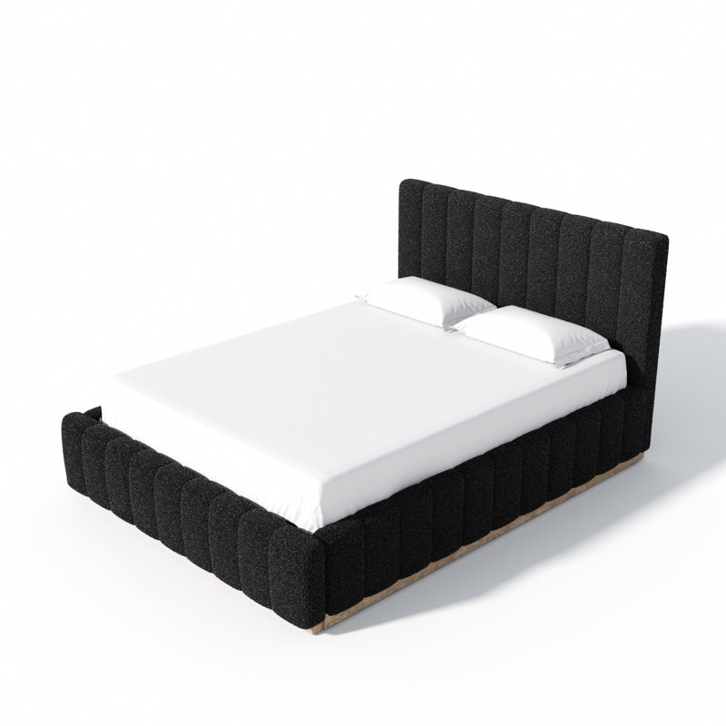 Full Size Platform Bed Frame Boucle Upholstered Headboard And Wooden Slats Support,No Box Spring Needed, Black, Full / Double