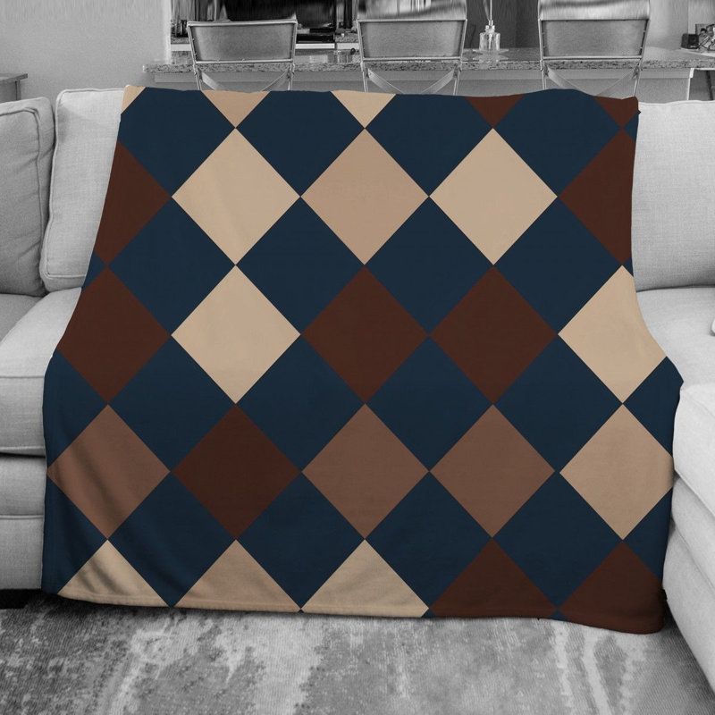 Plain Weave / Muslin Throw Blanket, 68" W x 80" L, Argyle, Brown/Blue
