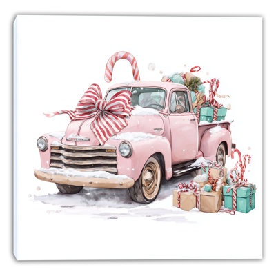 Christmas Pink Truck with Candy Canes Wrapped Canvas Wall Art