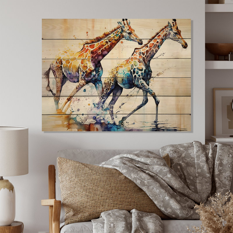 Inie Giraffs Courir - Impression sur bois sans cadre, H 12 po x l 20 po x P 1 po
