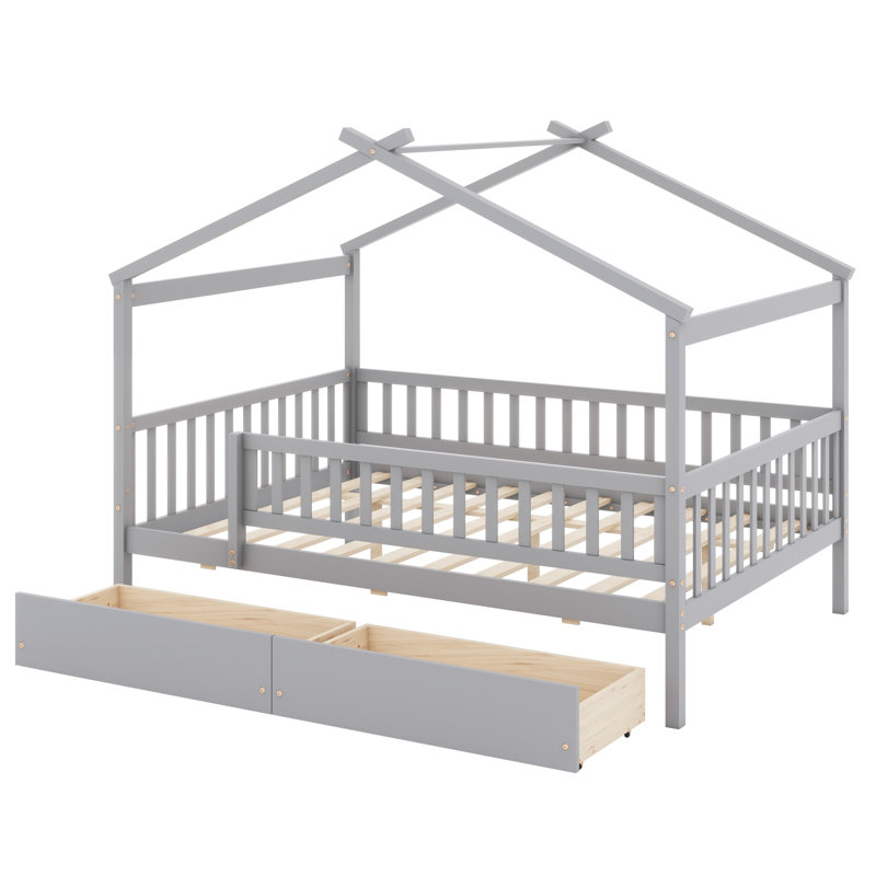 Lit en bois avec deux tiroirs, Gris