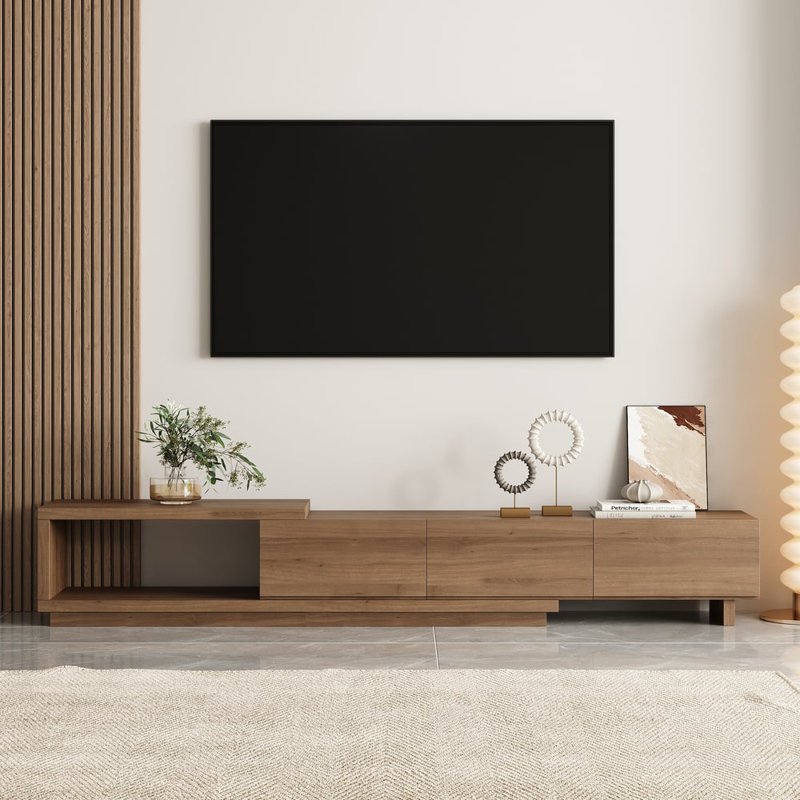 Lilesville 100.4'' W Modern TV Stand Retracted & Extendable 3-Drawer Media Console Walnut, Brown