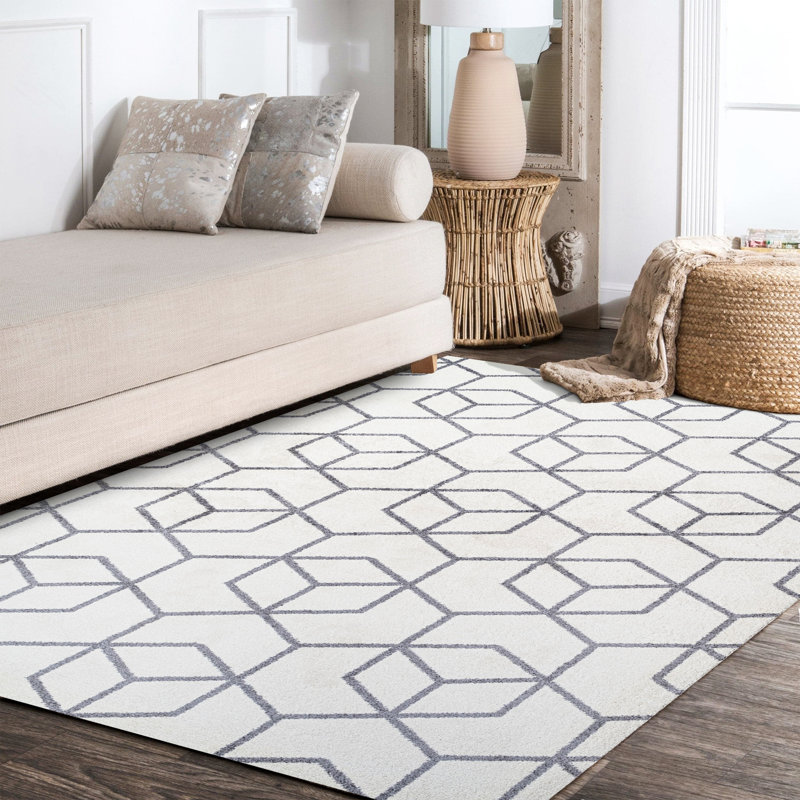 Amuda Blocks Modern Geometric White/Gray Rug, Rectangle 7'9" x 10'