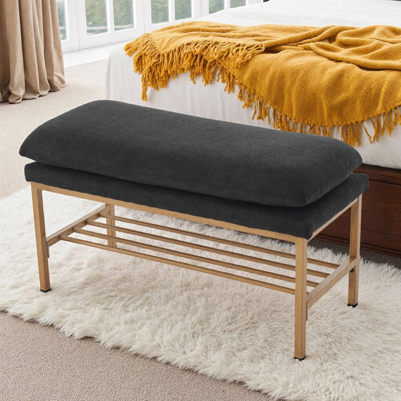 32" Linen Upholstered Bench with Open Storage Shelf, Metal Legs, 300 LB Capacity, Modern Bedroom & Entryway Accent, Black