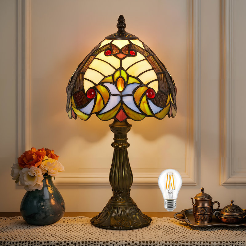 Lampe de table moderne de style Tiffany 14,3 po avec abat-jour en verre coloré de 8 po, ampoule DEL incluse, interrupteur marche / arrêt en ligne, pour le salon, la chambre à coucher, le bureau personnel, la table de chevet