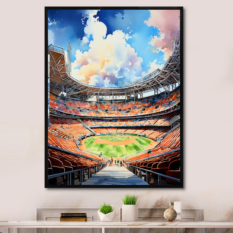 Abstrait Baseball Stadium II - Cityscapes Wall Art Living Room, H 32 po x l 16 po x P 1 po, Cadre flottant noir