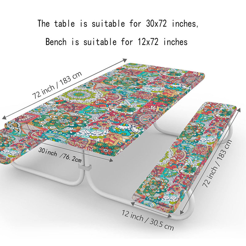 Housse de table et de chaise d'extérieur 3 pièces Imprimé coloré imperméable avec bande élastique antidérapante Protecteur de bureau résistant à la saleté Pique-nique Banc Banc Nappe ajustée