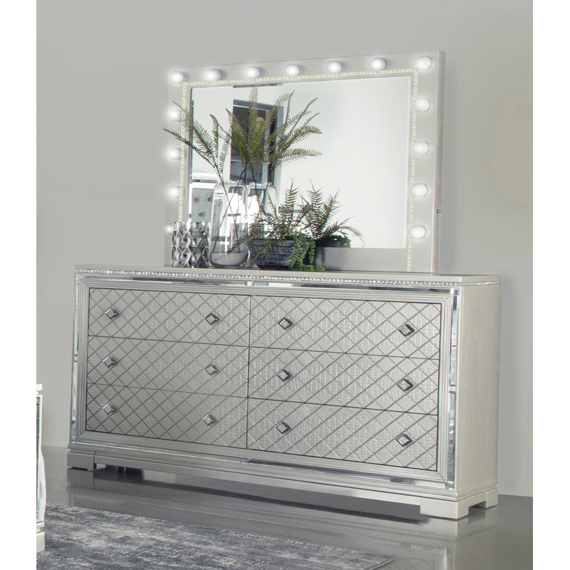 Rectangular Lighted Dresser Mirror in Metallic