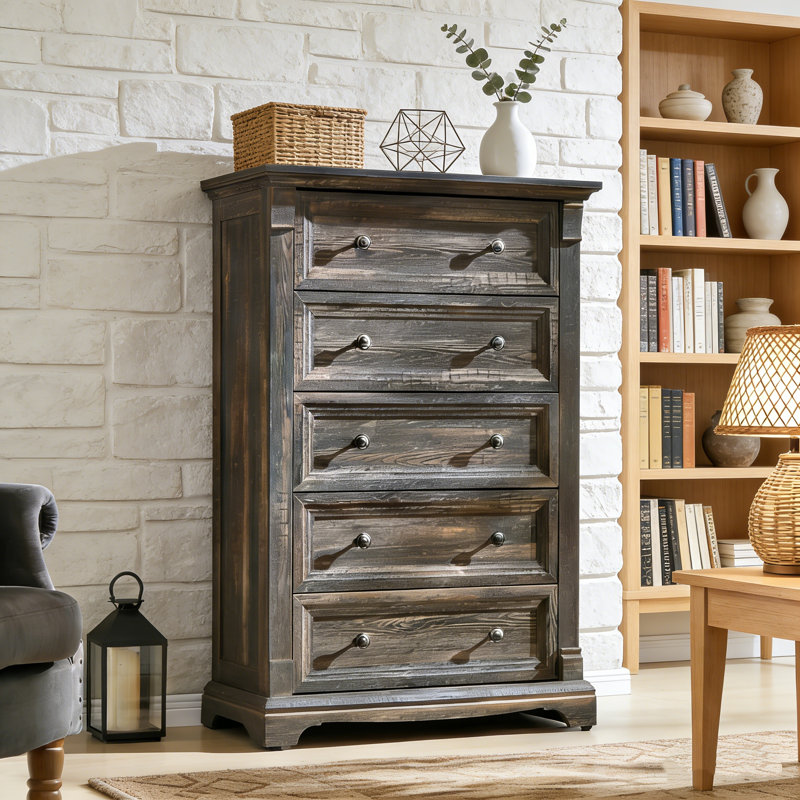 Farmhouse 5-drawer Dresser - Solid Wood & Space-saver, Dark Rustic Oak