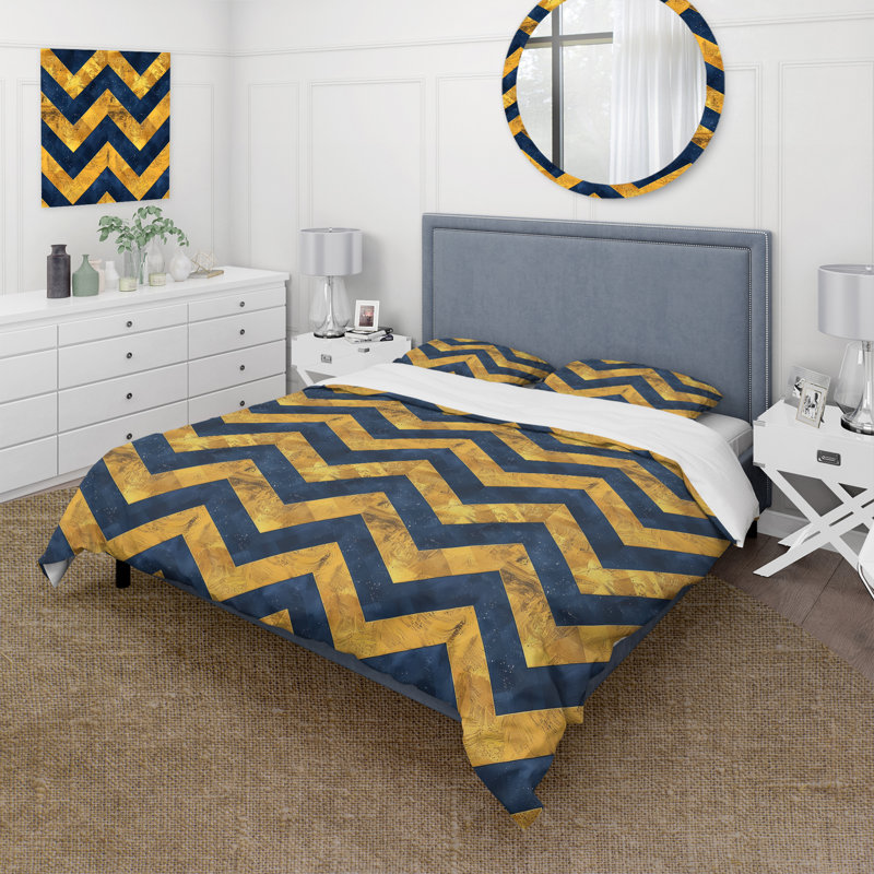 Ensemble de housse de couette Blue Gold Glamour Chevron X - Midcentury, Housse de couette simple + 2 taies décoratives st