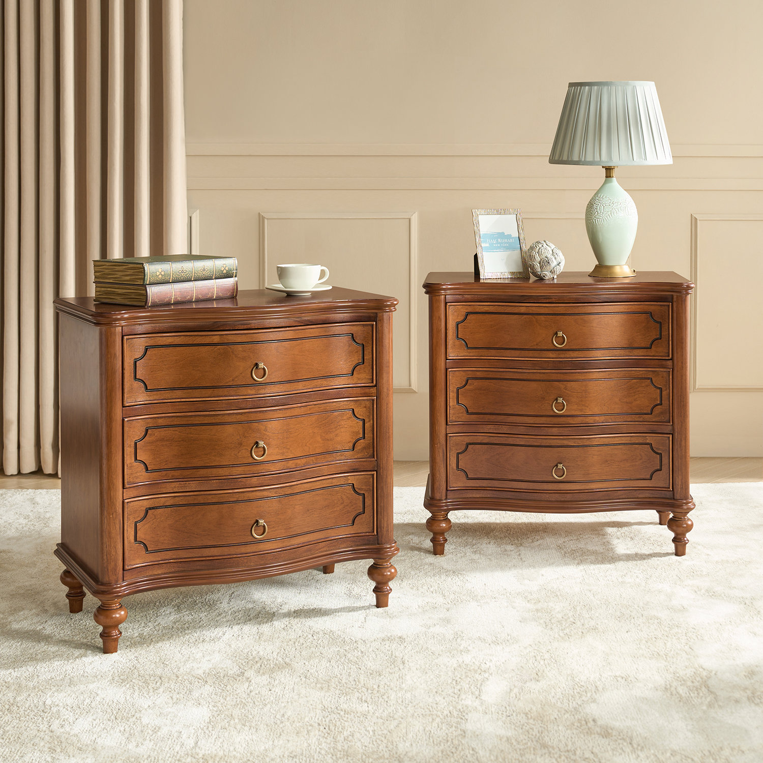 Charlton Home® Elfine 28'' W Traditional Curves Nightstand with Charging Station and Solid Wood Legs and Metal Knobs Adorn & Reviews | Wayfair