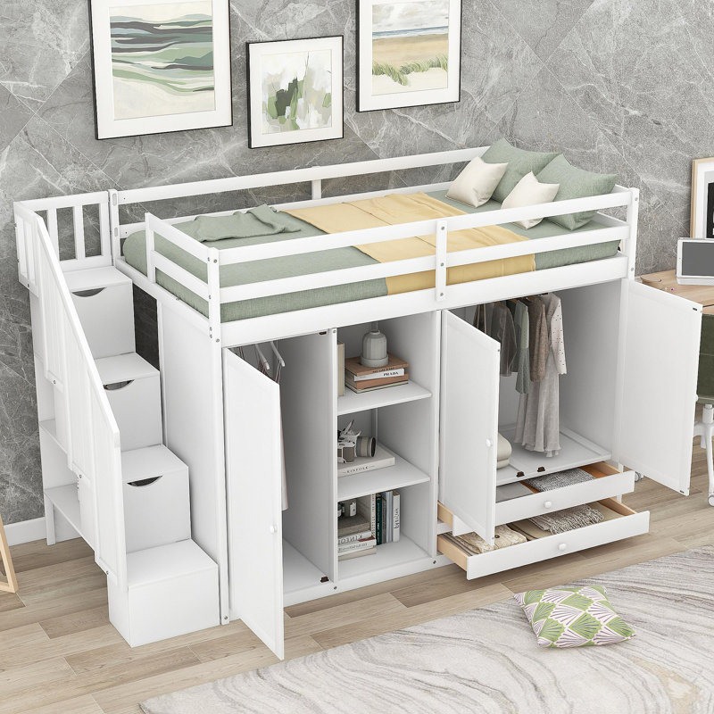 Lit mezzanine fonctionnel avec 3 tablettes, 2 armoires et 2 tiroirs, échelle avec rangement, aucun sommier nécessaire, Blanc