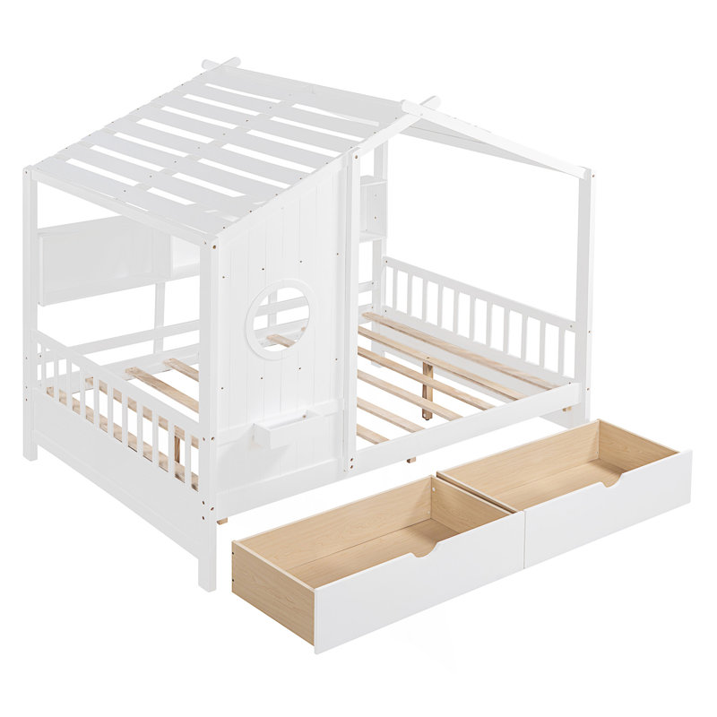 Wooden House Bed With 2 Drawers, White, Full