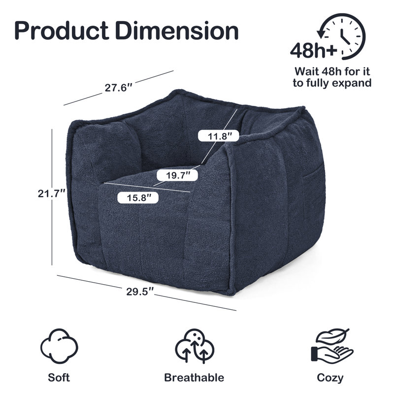 Kirtis Teddy Fabric Bean Bag Chair Foam Filled Bean Bag Sofa for Living Room, Blue