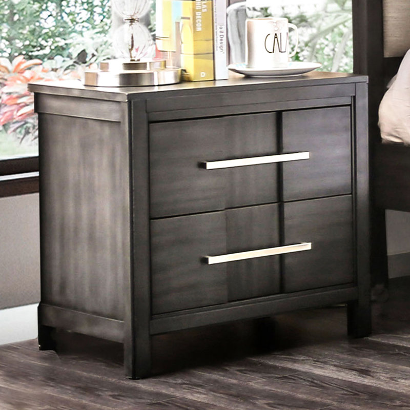 Table de chevet transitionnelle grise 1 pièce moderne avec 2 tiroirs, plateau doublé de feutre, bois massif et tiroir anglais pour la quincaillerie de décoration de chambre à coucher en nickel