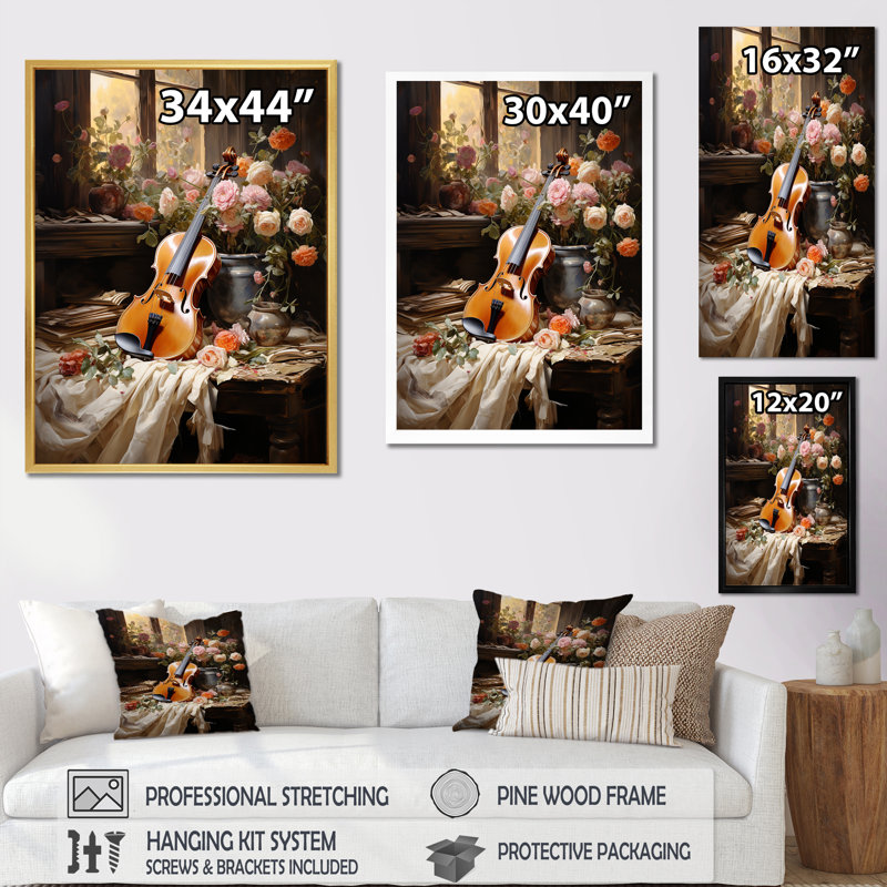 Violon harmonie florale sur toile, Cadre doré simple, H 32 po x l 16 po x P 1 po
