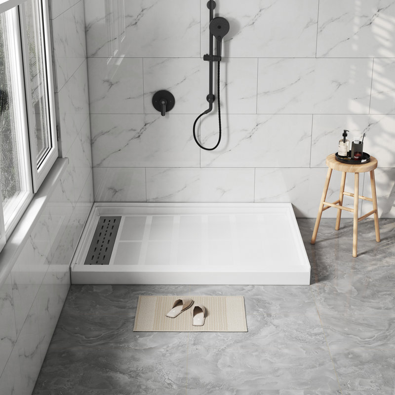 Base de plateau de douche à simple seuil SMC de taille 48/60 po x P 32/36 po avec ensemble de drain, antidérapant, Gauche