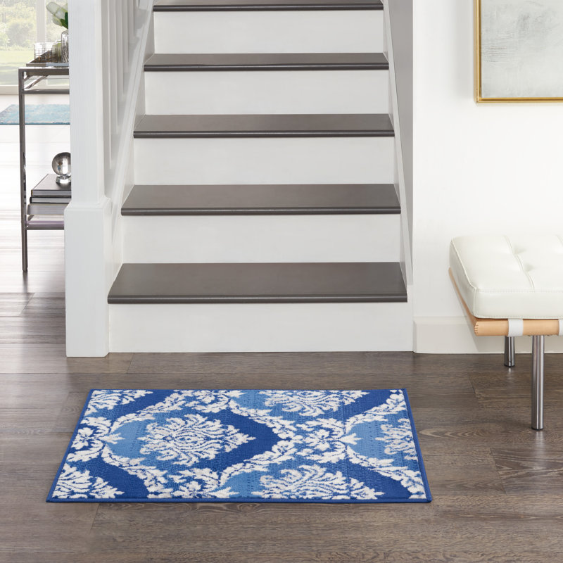 Tapis oriental bleu / blanc en polypropylène tissé à la machine Gula, Rectangle 2 pi x 3 pi