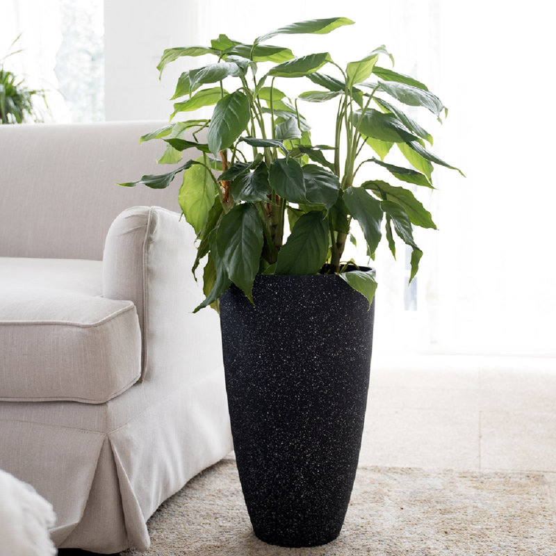 Pot à fleurs rond avec plateau Nova l 12 po, Noir moucheté, 1, H 20 po x l 11,5 po x P 11,5 po