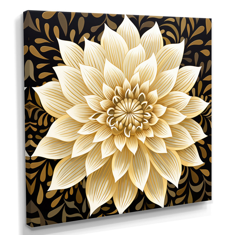 Dahlia blanc feuilles dorées rétro - impression d'art mural Dahlia, Toile tendue, H 30 po x l 30 po x P 1 po