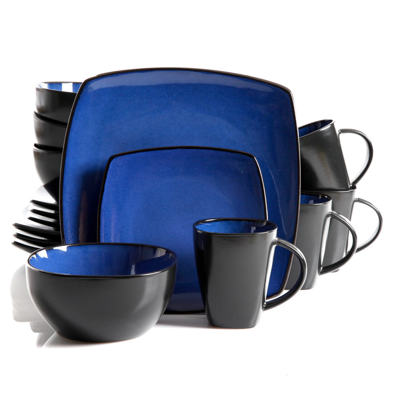 Blue and Black Square Porcelain Dinnerware Set, Service for 4