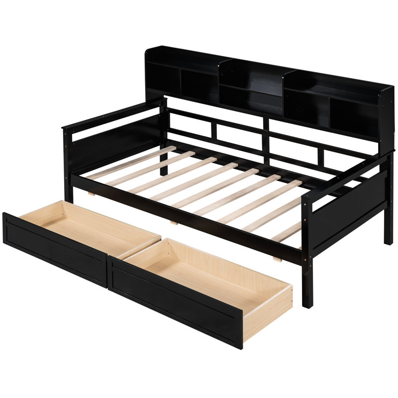 Twin Size Daybed In , With Solid Wood Slats And Functional Storage For Your Home Frame, Bedside Shelves, Two Drawer Compartments