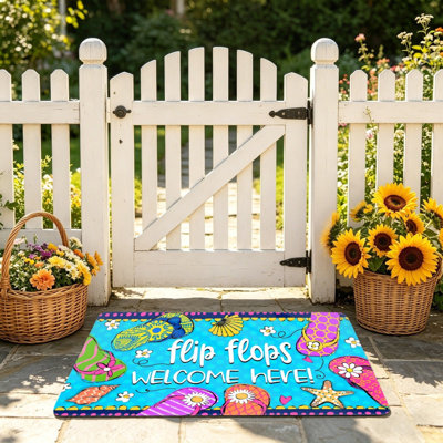 Flip Flops Summer Welcome Doormat, 24 x 36 inch, for Entrance Porch, Blue & Multicolor