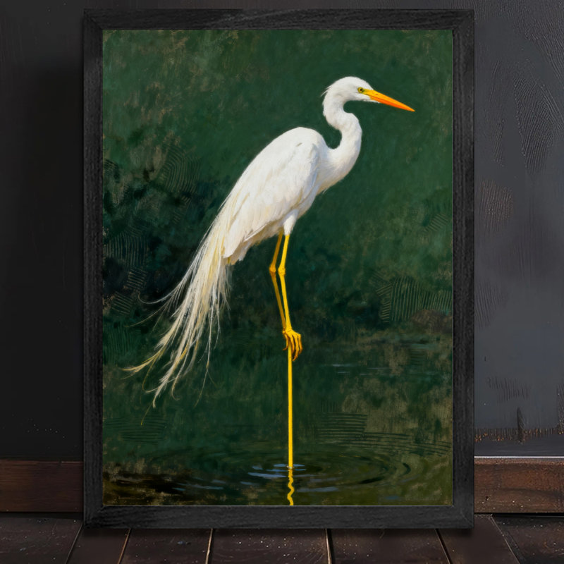 Aigrette blanche rétro encadrée noire - élégance et beauté naturelle, impressions murales de style rétro, H 11 po x l 9 po