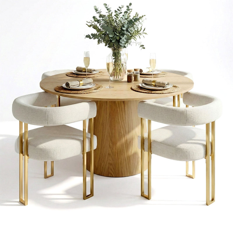 Bingham 4 - Person Dining Table Sets With 52'' Round Table & 4 Upholstered Chenille Gold Chairs, Ivory
