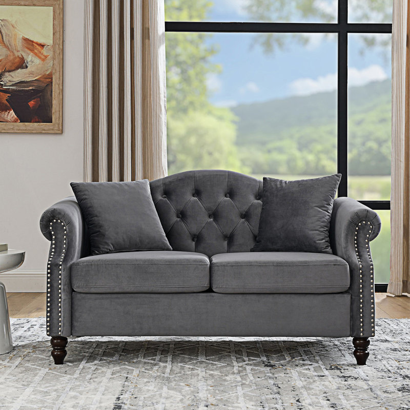 Tufted Couch With Rolled Arms, Chesterfield Sofa, Seater Sofa, Gray, 2
