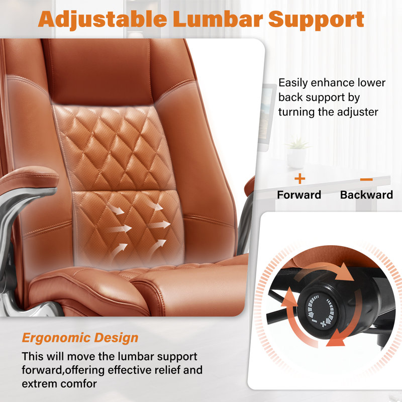 Fauteuil de direction moderne en cuir avec accoudoirs rabattables et support lombaire réglable, Brun doré