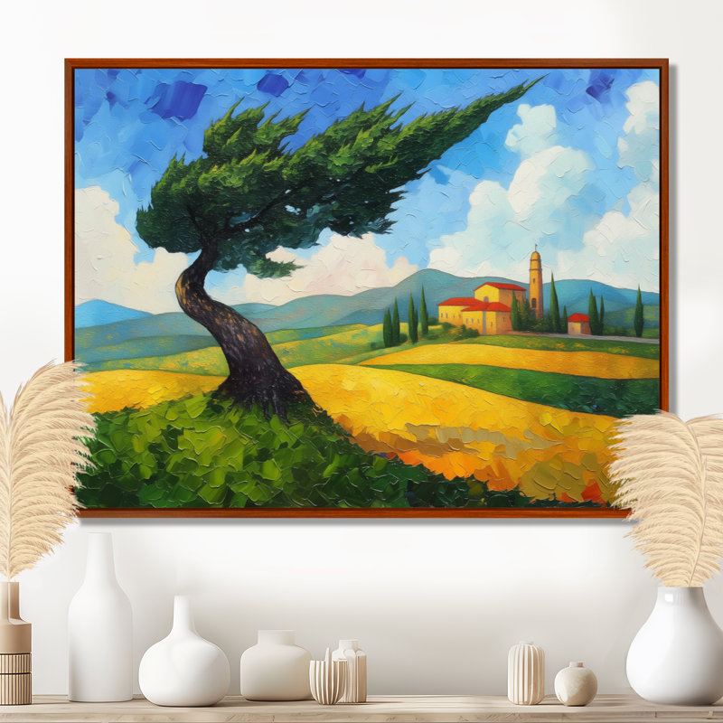 The Swaying Cypress Pointillism Reimagined III - Van Gogh Landscapes Print Wall Art, 12" H x 20" W, Floater Framed Print