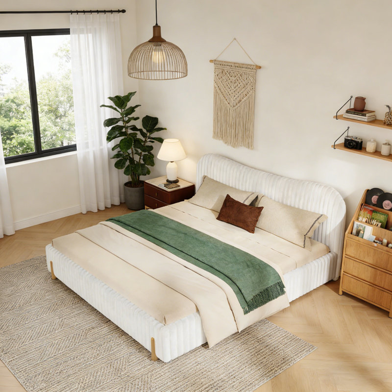 Lit tapissier Boucle avec tête de lit Wave, Bois massif, Très grand lit