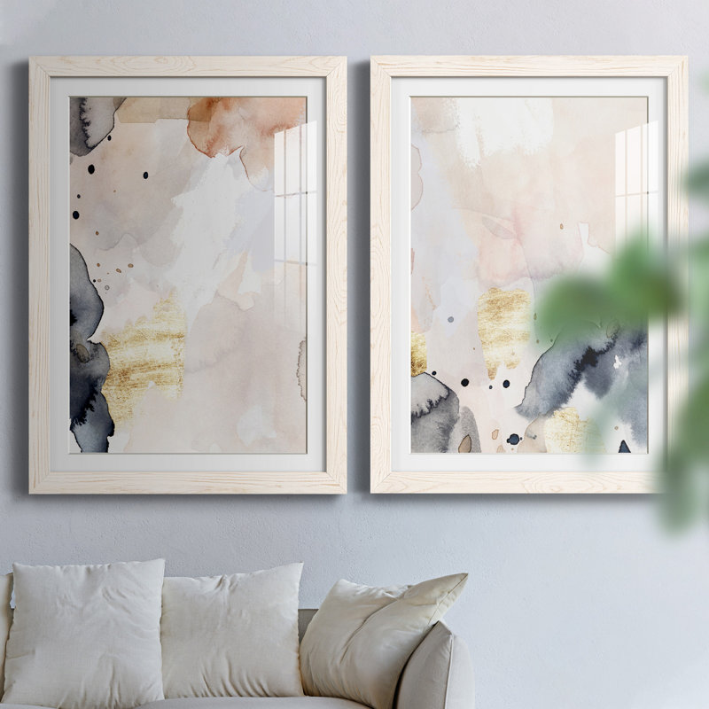 Indigo Blush and Gold III - ensemble de 2 peintures encadrées, H 31,5 po x l 43,5 po x P 1 po, Blanc