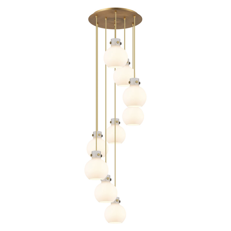 Luminaire suspendu 9 lumières Amrith, Laiton brossé, Blanc