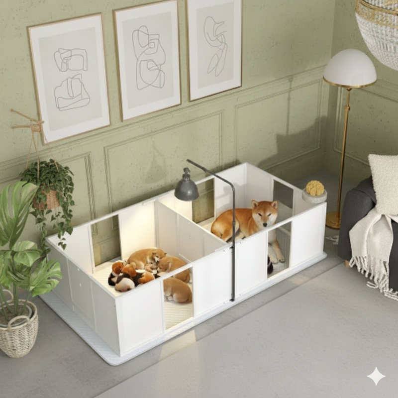 Boîte de mise bas pour chiens, comprend des fournitures pour chiots nouveau-né avec un support de lumière rétractable, un coussin imperméable et une porte à hauteur réglable convenant aux chiens de petite et moyenne race, dimensions de 77 par 38 pouces