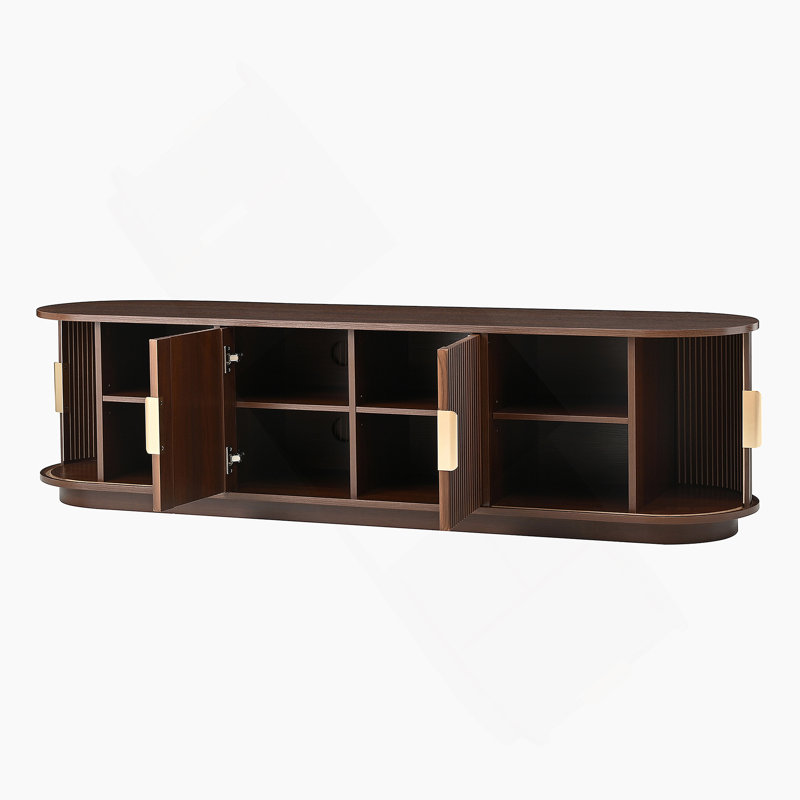 Farmhouse Wooden TV Stand for TVs up to 75" with Sliding Tambour Doors, Fluted Media Console with Adjustable Shelves, Golden Handles & Cable Management for Living Room