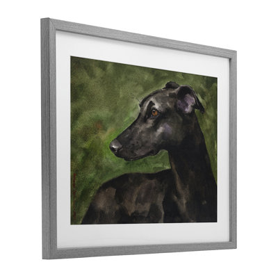 Black Greyhound Portrait Framed Print Under Glass, design by George Dyachenko