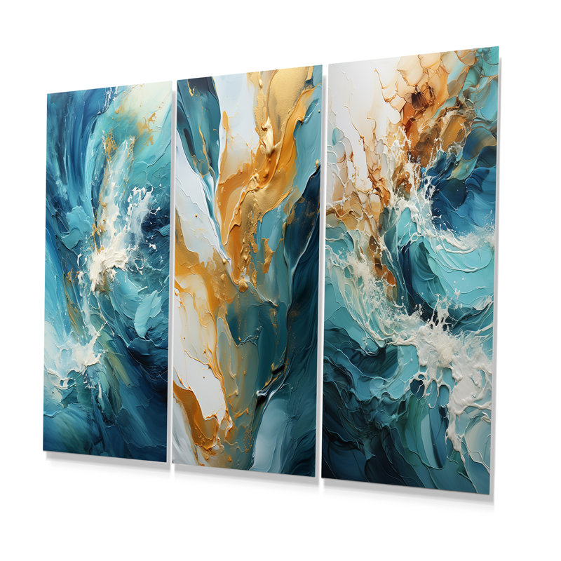 Océan, blanc et bleu, courants, fractales, ensemble de 3 reproductions d'art mural en métal, H 28 po x l 36 po