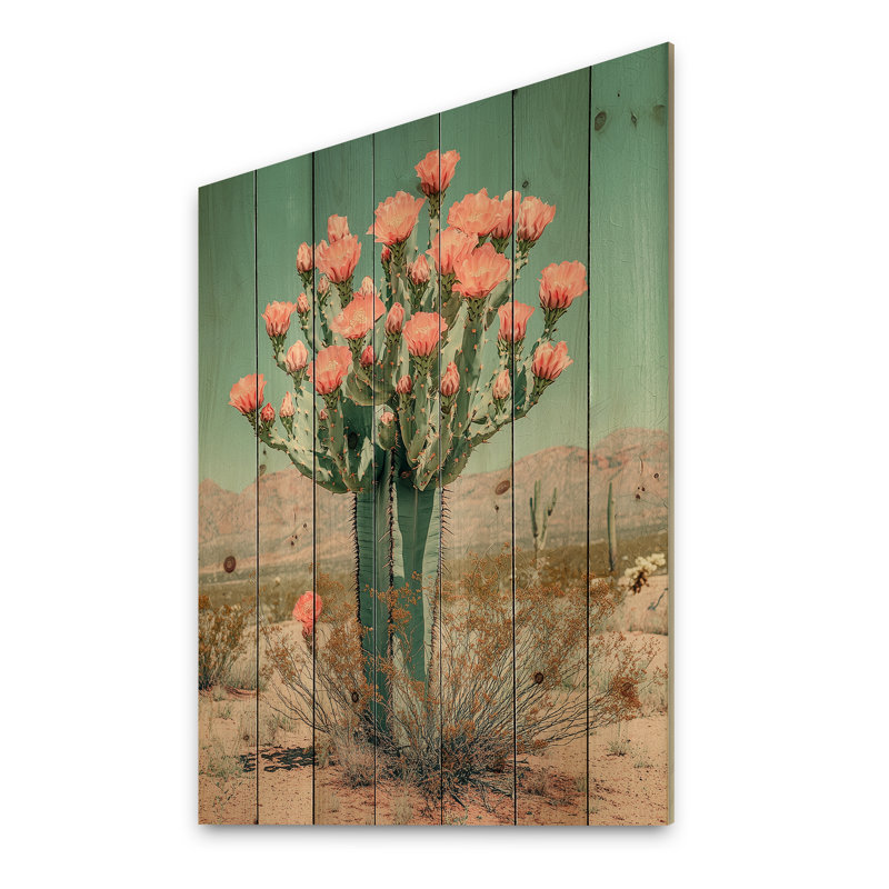 Pastel Cactus Bloom In The Desert I - Floral Cactus Wood Wall Art - On Natural Pine Wood, 44" H x 34" W x 0.78" D