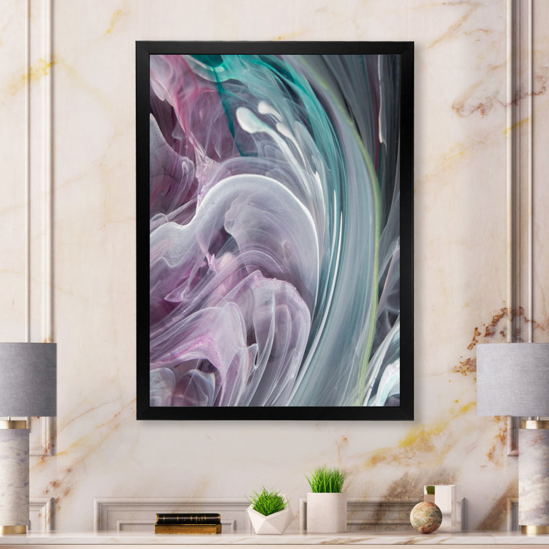 Turquoise et mauve liquide Flow Art IV - reproduction d'art moderne sur toile, Toile avec cadre noir
