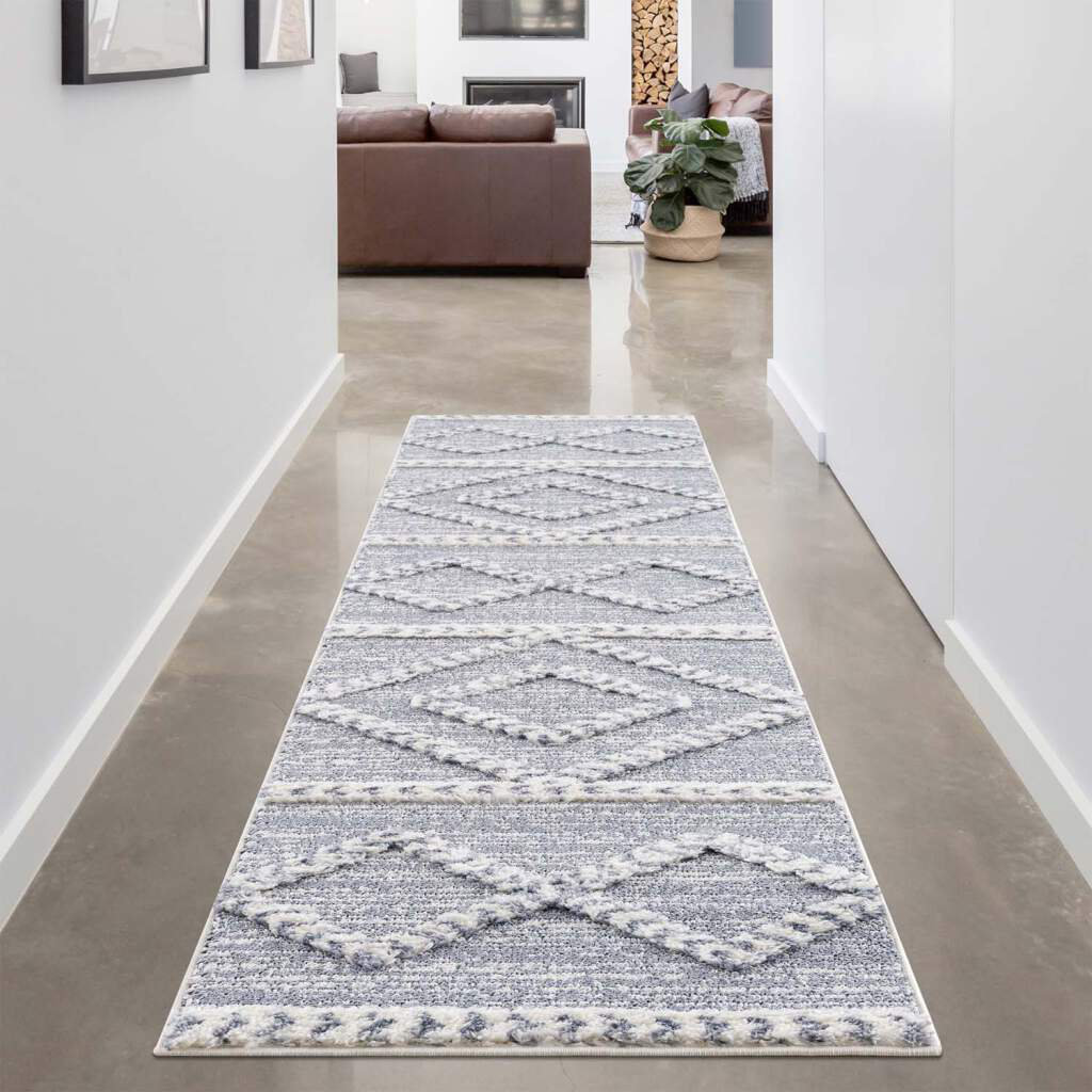 Teppich Focus 3022 Hochflor Boho Wohnzimmer Graublau Hochtief-Muster/ 3D-Effekt Rautenmuster Steward