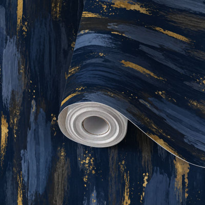 Peel and Stick Wallpaper Contact Paper Abstract Navy Blue Gold Brush Stroke Dark Self Adhesive and Removable 17.7in x 118in(45x300cm)