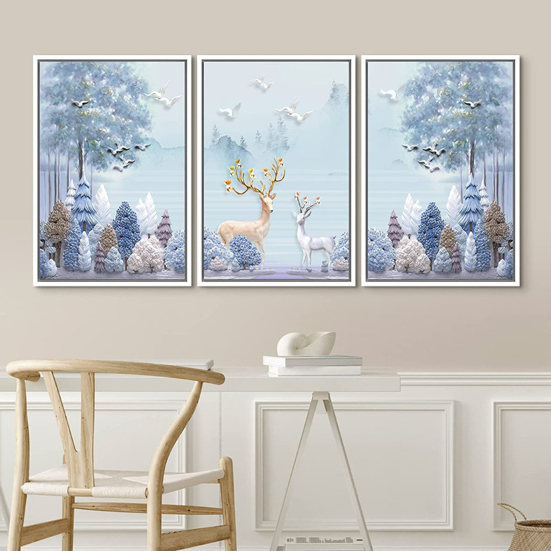 Hiver, ensemble de reproduction d'art mural encadré d'élan avec des bois de fleurs en hiver, forêt, nature sauvage, illustrations, art moderne, rustique, pastel coloré pour le salon, la chambre à coucher, le bureau