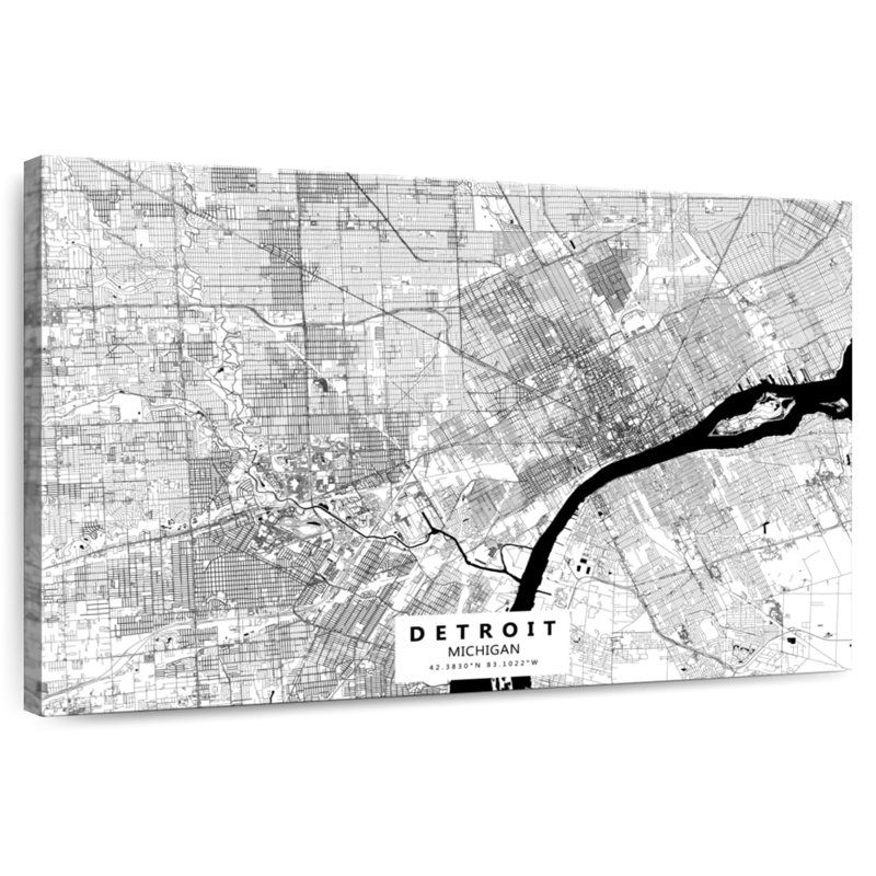 Aliaz White Urban Detroit Map, 20" H x 30" W