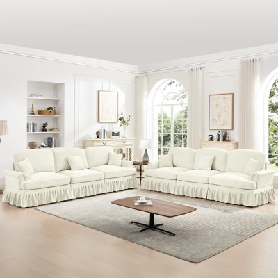 3 Seater And - Seat , Classic 2 Piece Modular Couch With Flared Arms, Detachable Pleats Skirts, Spindle Legs, Beige White, High Density Foam, Chenille Fabric, Multiple Configurations For Apartment